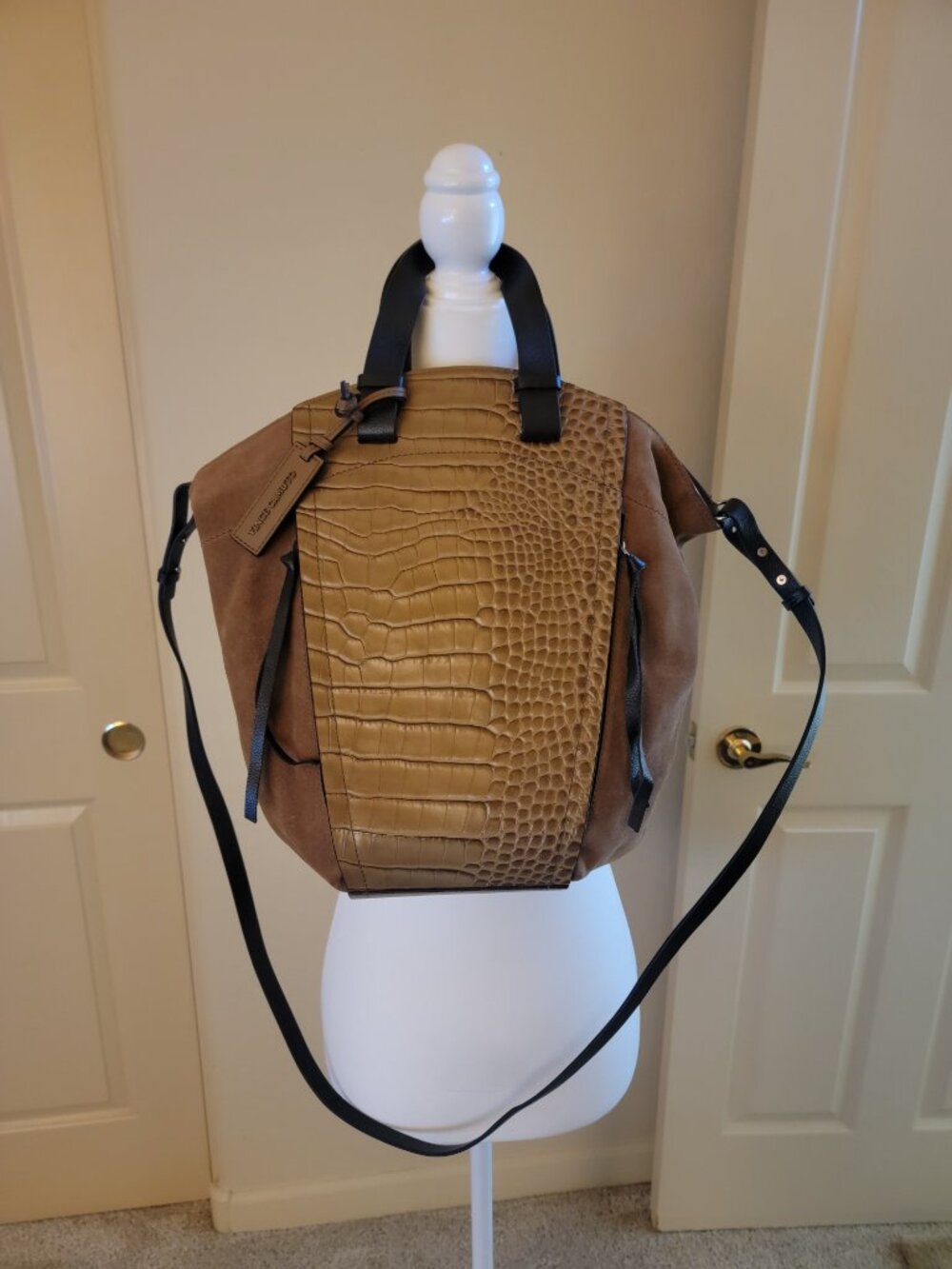 Vince Camuto Suede Croc-Embossed Leather Tote Bag Crossbody Strap Camel